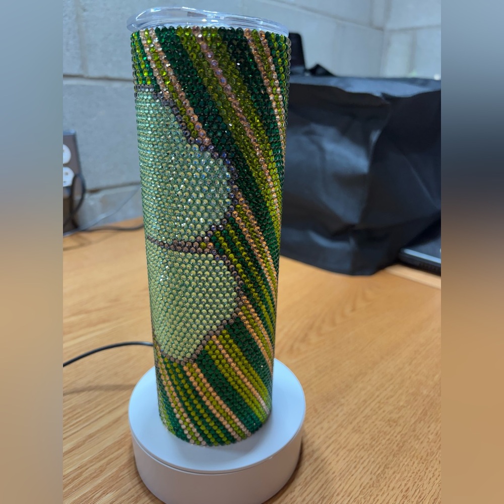 Handmade Green&Gold Rhinestone Embellished Stainless Steel 30 oz Tumbler-new